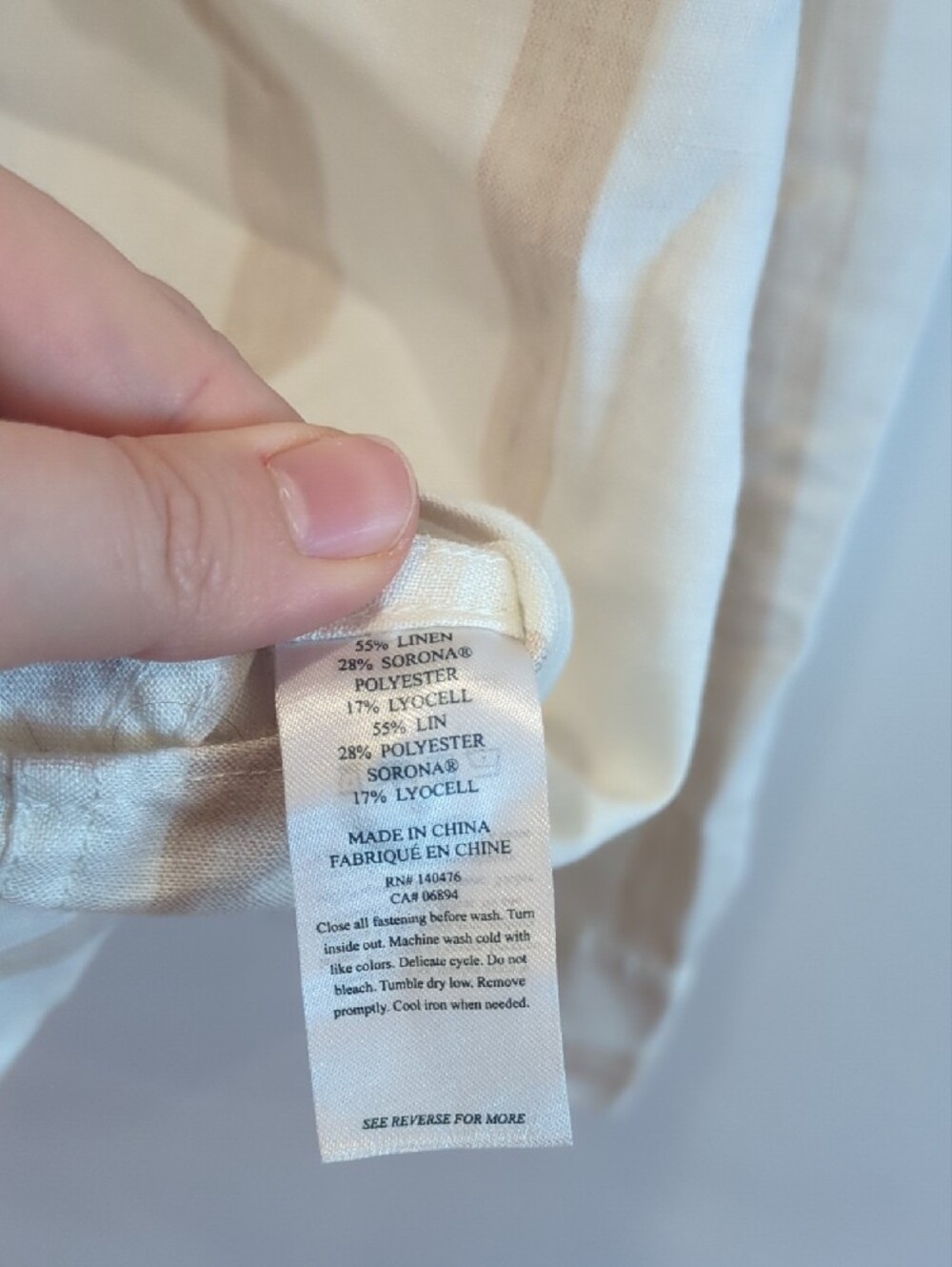 Coastal Minimalist Preppy Boho Faherty White Cream Stripe Linen Button Up Large - Picture 6 of 7